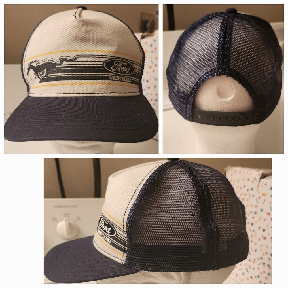 Ford Mustang Hat. Blue /White  Mesh SnapBack Baseball Trucker Cap.